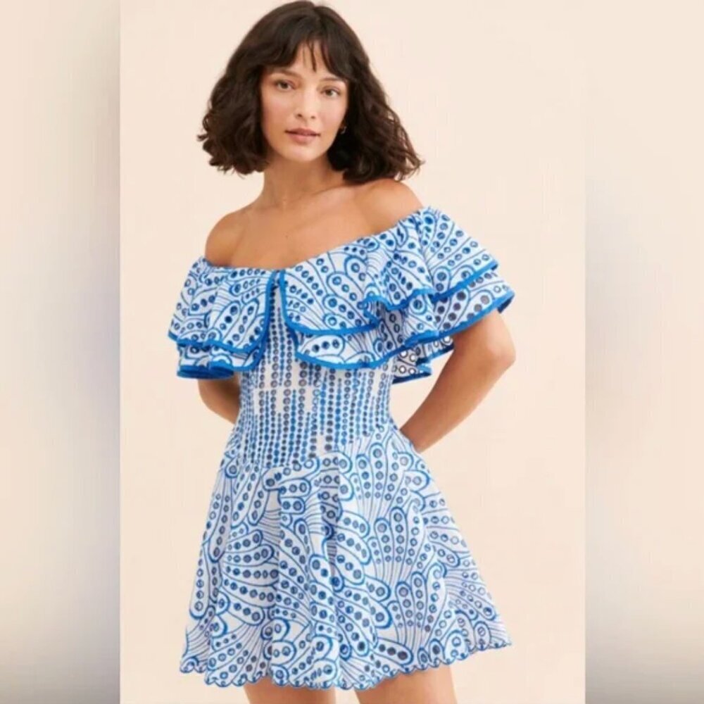 Kourt Mecca Geo Print Mini Dress Off the Shoulder Eyelet Blue and White